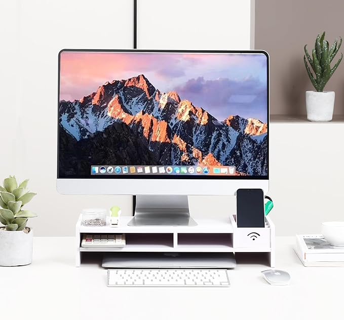 White MDF Monitor Stand Riser, Double Storage Laptop Riser Shelf (19" L x 8" W x 4.6" H)