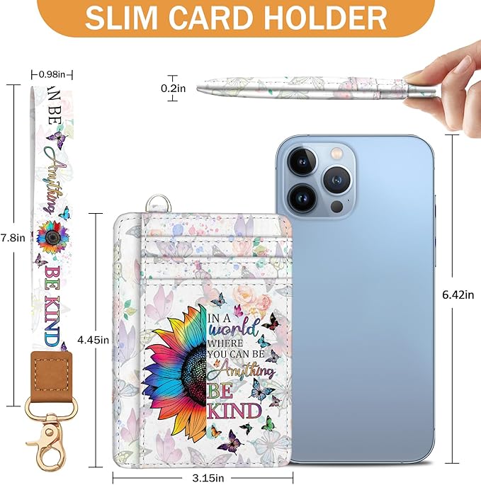 Yonlevres Be Kind Credit Card Holder Slim Wallet, RFID Wallet Women Front Pocket Wristlet Lanyard, Small Card Holder Travel Funny Cute Thin Card Case ID Window PU Leather Card Organizer Gifts Girls