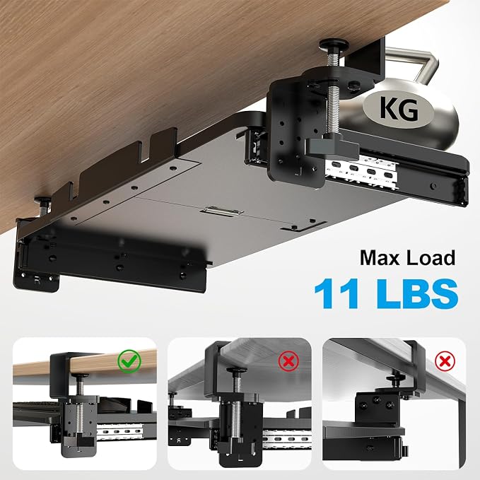 Supcline Keyboard Tray Under Desk with 60° Swivel C-Clamp & Height Adjustment for Corner Desk, 25.6 x 11.8 in Slide Out Keyboard Mouse Platform for l-Shaped & L-Shaped Table, Pull Out Keyboard Drawer