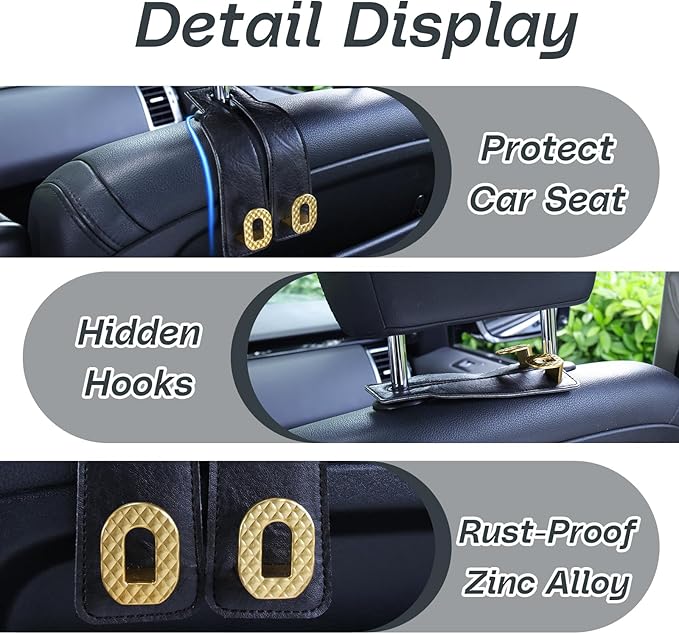 Car Headrest Hooks Universal Car Purse Hook Premium Leather and Alloy Twin Hook Car Seat Back Storage Hanger Hook for Purse Bags Cloth Drink Durable Holder Car Accessories (BH09-Black-Gold)