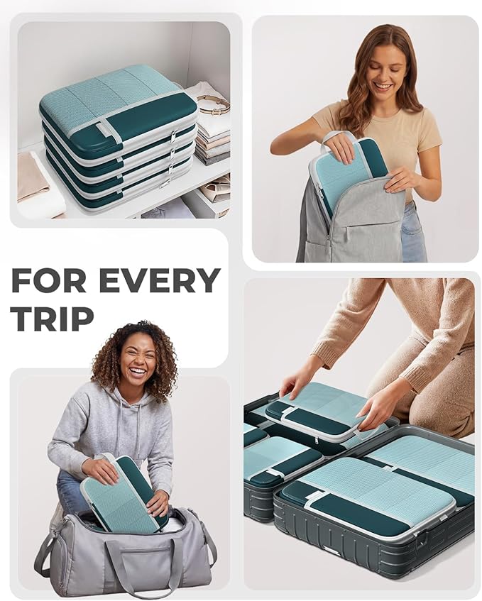 Percover Compression Packing Cubes 8-Piece Set, Packing Cubes Compression for Travel with Laundry Bag & Shoe Bag, Travel Organizer for Carry On & Checked Luggage, Peacock Green