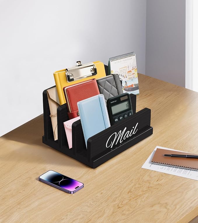 Mail Organizer for Desk,Wooden Mail Holder with Divider, 3-Slot Letter Sorter File Holder,Vertical Bill Organizer for Desktop Document/Notebook/Filing/Folders/Paper