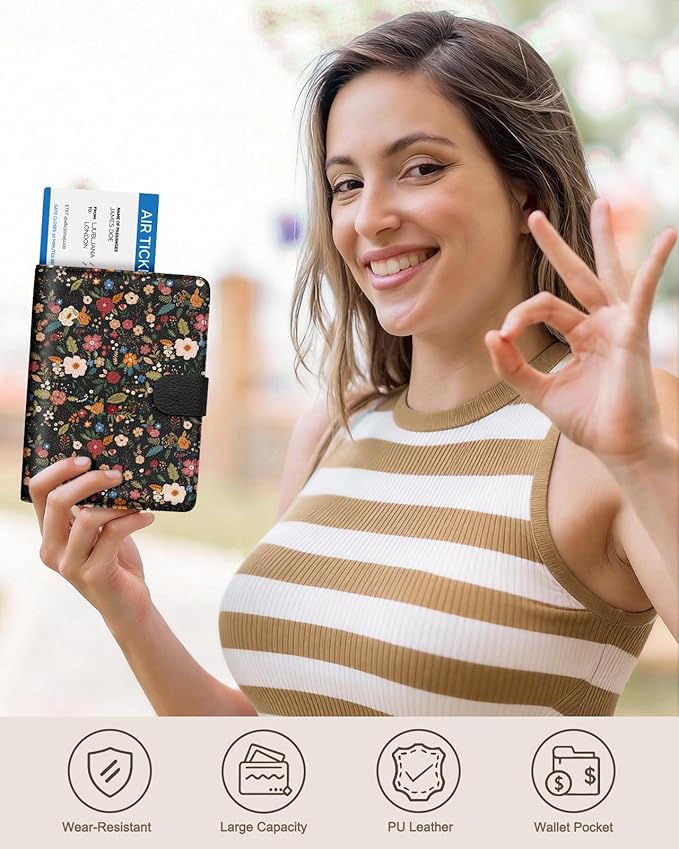 Slohif Passport Wallet Holder Cover for Travel - Women Men RFID Blocking Passport Book Case Protector, Colorful Cute Flower Leather Personalized Organizer Slim Carrier Boarding Pass Cards Slots