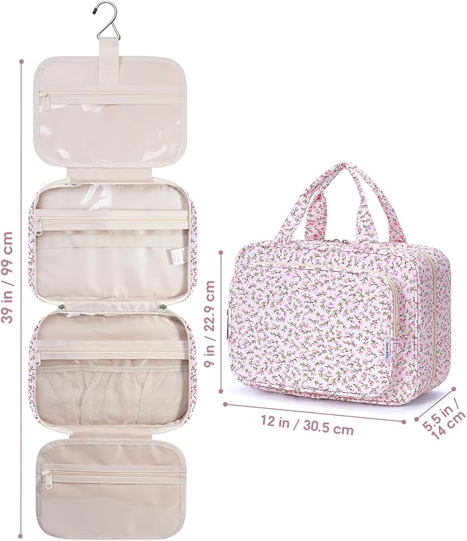 Narwey Travel Toiletry Bag for Women Large Hanging Makeup Bag Organizer Toiletries Bag for Full Size Essentials Accessories Cosmetics (Pink Flower (Large))