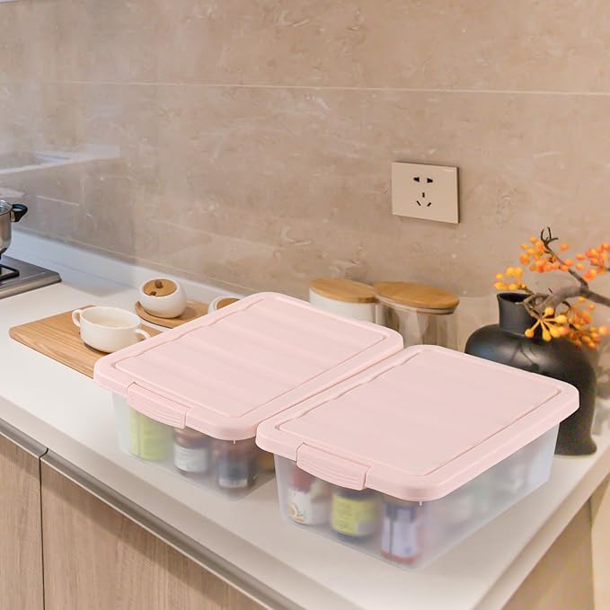 Wekioger Set of 2 Versatile Organizer Bins with Pink Lids, 14 Quart Plastic Latching Storage Box