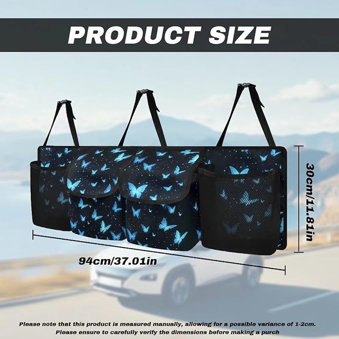 Blue Butterfly Print Car Trunk Organizer with 4 Pockets Hanging Car Backseat Storage Bag Detachable Car Storage Accessories for SUV Sedans Hatchback Crossover Minivan