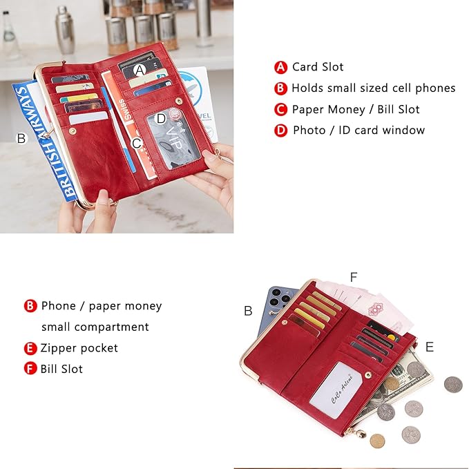 Vintage Wallets for Women Large Bifold Kiss Lock Wallet for Women Leather Zip Clutch Coin Purse