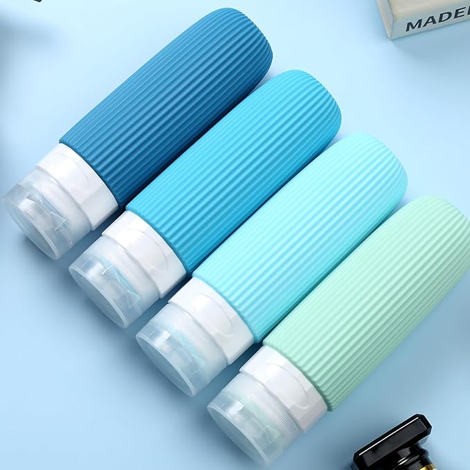 Mrsdry Travel Bottles for Toiletries, Tsa Approved 3oz Portable Travel Bottles, BPA Free Leak Proof Squeezable Silicone Travel Size Containers, Travel Accessories with Clear Toiletry Bag (4 Pack)