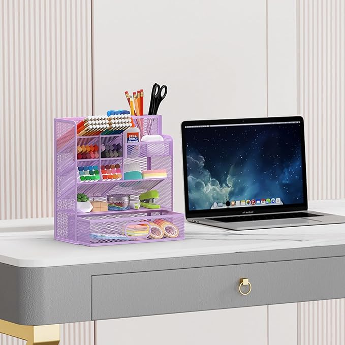 Mesh Pen Organizer for Desk - Multi-Functional Pencil Holder with Drawer Desk Organizers, Large Capacity Storage for School Office Home Supplies (Purple)