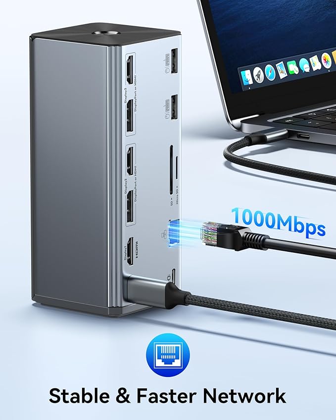 Selore Laptop Docking Station, USB-C USB 3.0 Universal Dock, Triple 4K 3 HDMI 2 DP, Smart LCD Digital Display, for Windows MacBook macOS (Driver Required)
