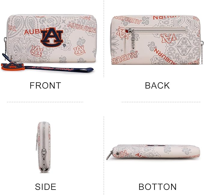 Auburn Organizer Wallet with RFID Blocking Card Slot & Keychain, Auburn Team Logo Wristlet Wallet, Zip Clutch Purse for Gift, Game Day, Travel | Beige, NC-AU011BG