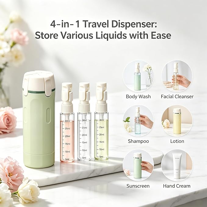 4 in 1 Travel Dispenser, Travel Bottles for Toiletries, No Squeeze Press Dispenser 30ML Leak Proof Travel Containers, Portable Refillable Shampoo Lotion Conditioner Bottles with Labels(1Green)