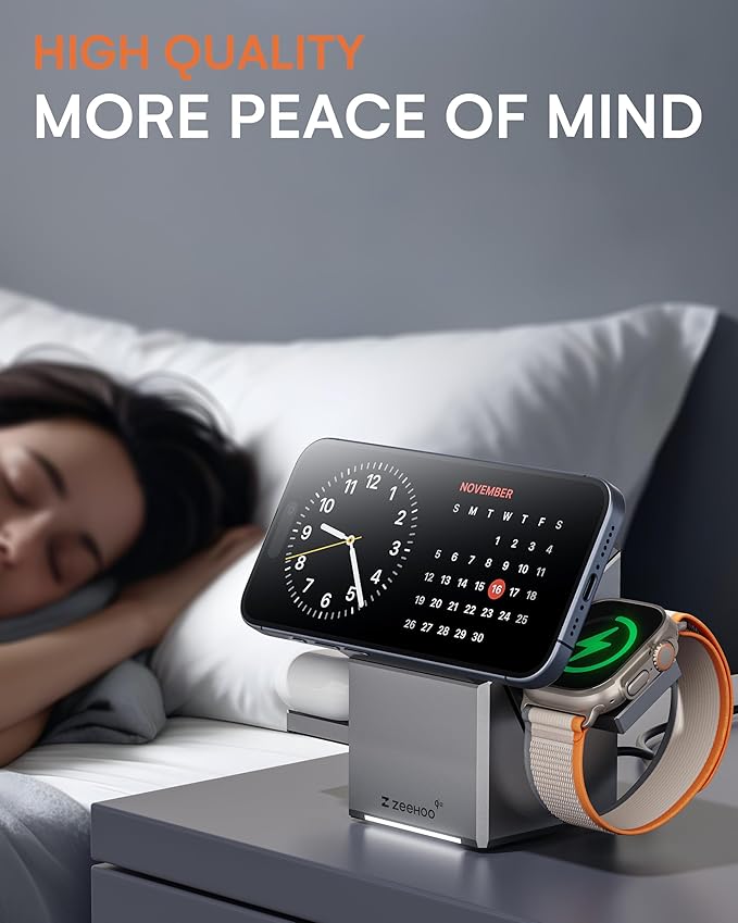 ZEEHOO 3 in 1 Charging Station for Apple, Mag-Safe for iPhone Charger, Qi2 Certified Rotating Wireless Charger Stand for iPhone 17,16,15,14,13,12 Series, Apple Watch, AirPods (USB-C Charger Included)