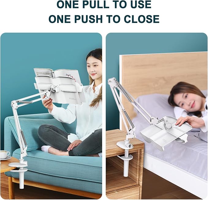 Buhelyc Book Stand for Reading, Desktop Reading Mount Holder with Clamp, Table Side Design, Height Adjustable, 180° Adjustable, Sturdy Page Clips, Metal Material for Workers, College Students