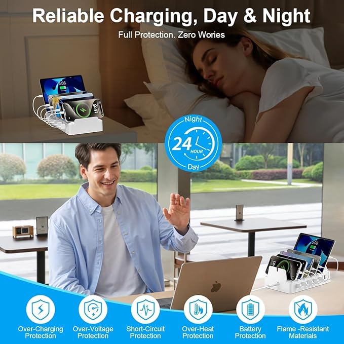 Charging Station for Multiple Devices, 6 Port USB Desktop Charger Dock Compatible with iPad, Samsung, Android, Tablet, Family Multi Phone Charging Organizer with Divider Holders, Fireproof ABS (White)
