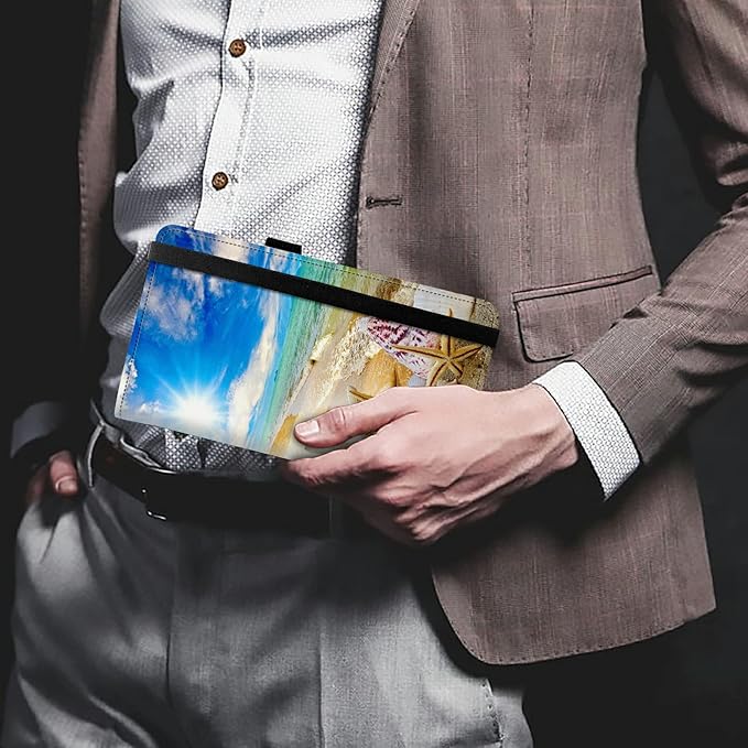 FUYOCWE Leather Checkbook Covers for Men Women Check Book Holder Cover Wallets for Personal Checkbook Duplicate Checks with RFID Blocking & Elastic Strap-Beautiful Beach Seashells