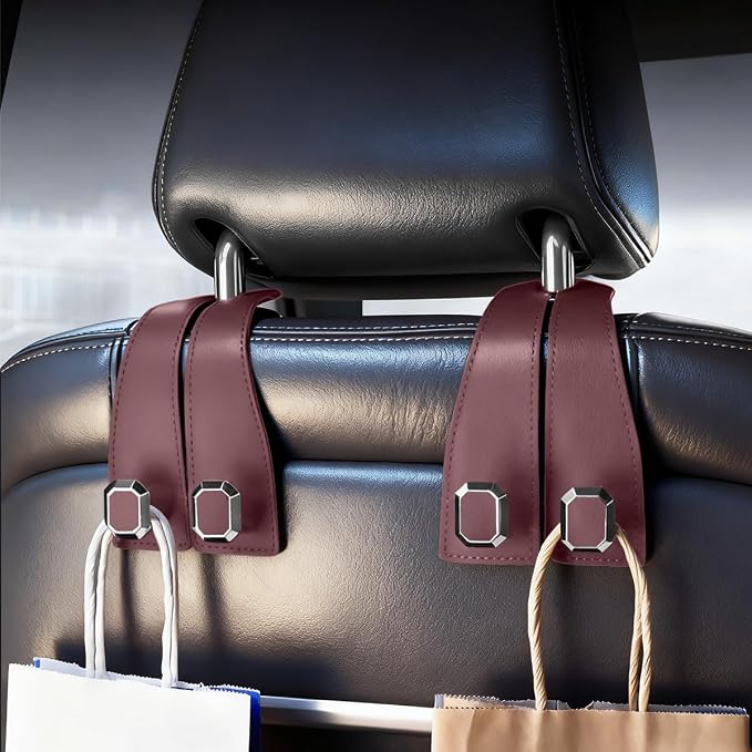 2PCS Car Headrest Hooks, Nappa Leather Metal Vehicle Double Seat Back Storage Hook for Purse Bag Coat, Multifunctional Automotive Interior Hanging Hanger, Universal Fit (Brown)