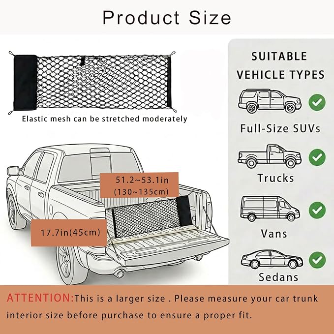 130x45CM Trunk Cargo Net Large Heavy-Duty Automotive Storage Bag | Elastic Trunk Storage Mesh Organizer Foldable Automotive Cargo Net Mounting Screws Universal for SUV Truck Van Sedan