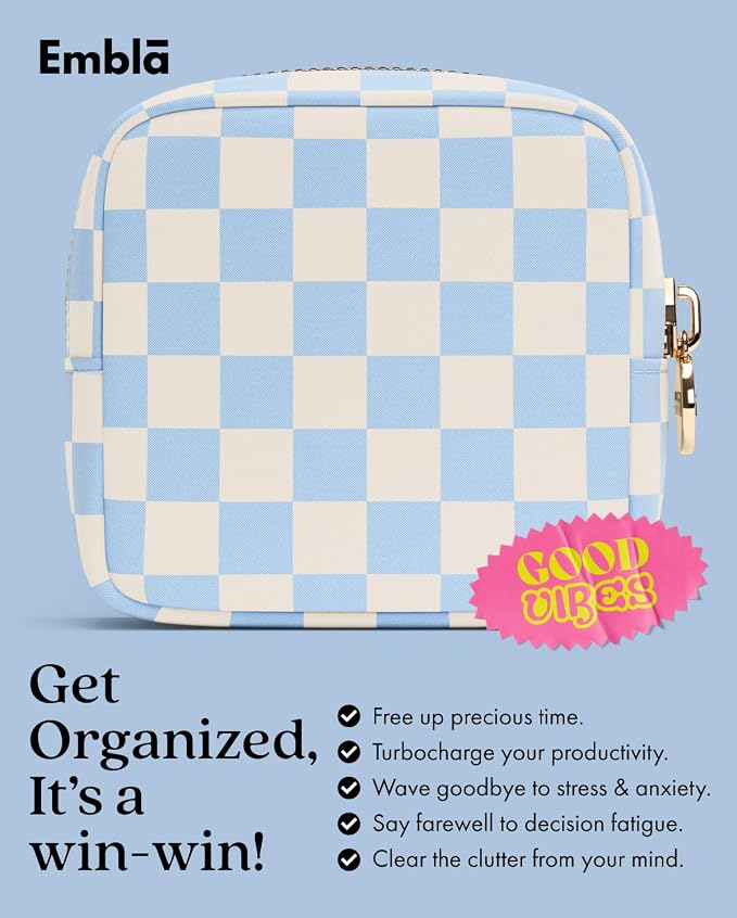 Embla Makeup Bag Travel Cosmetic Bag, Toiletry Bag, Cute Makeup Organizer, Nylon Zipper Pouch Purse Storage Bag Cosmetics Organizer, Womens Make Up Bag Mini Makeup Bags (Sky Checkered)