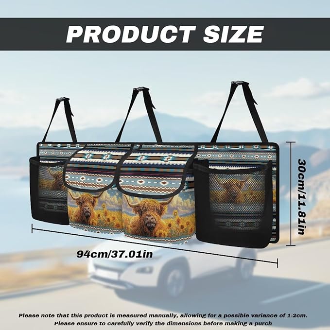 Aztec Tribe Car Trunk Organizer,Highland Cow Print Backseat Hanging Large Storage with Adjustable Straps,Waterproof Collapsible Cargo Bag,Keep Your Trunk Clean and Tidy