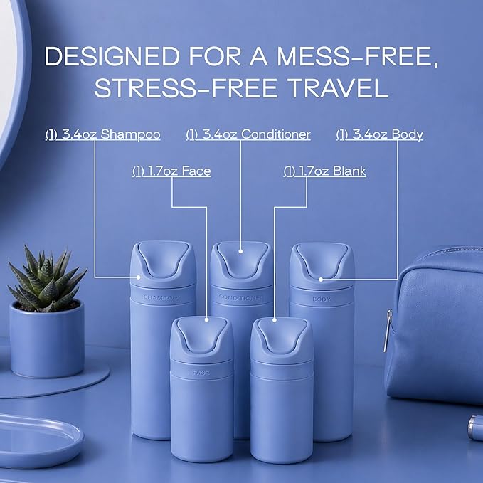 RIES Essential Refillable Toiletry Travel Bottles – Set of 5 (3.4oz & 1.7oz) Airless Pump Containers for Shampoo, Conditioner, Body, Face – Leak-Proof, TSA-Approved, Dishwasher Safe- Runaway Blue