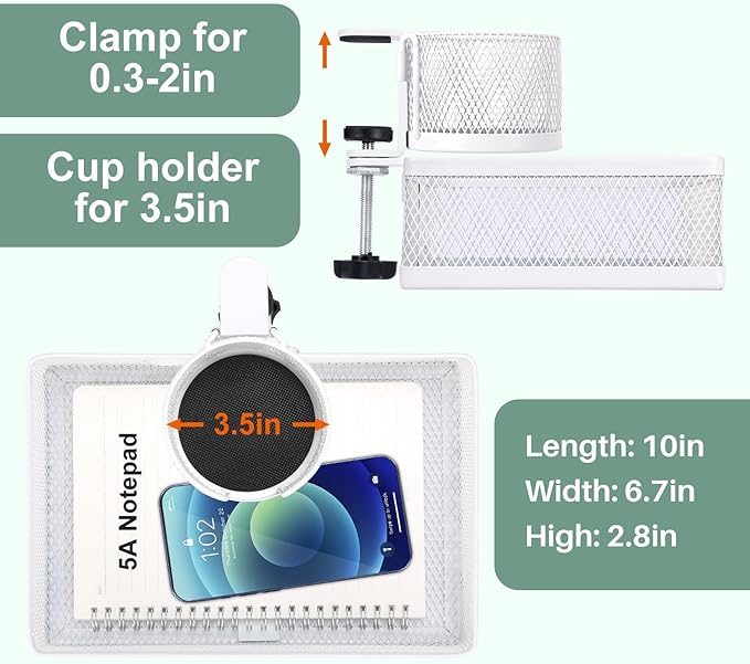 ROSYLINE 360°rotation under desk drawer, Drawer Under Desk Storage Organizer, Rotary Desk Storage Organizer with Cup Holder, Under Desk Storage, Clamp Drawer Basket, sturdy and durable (White)