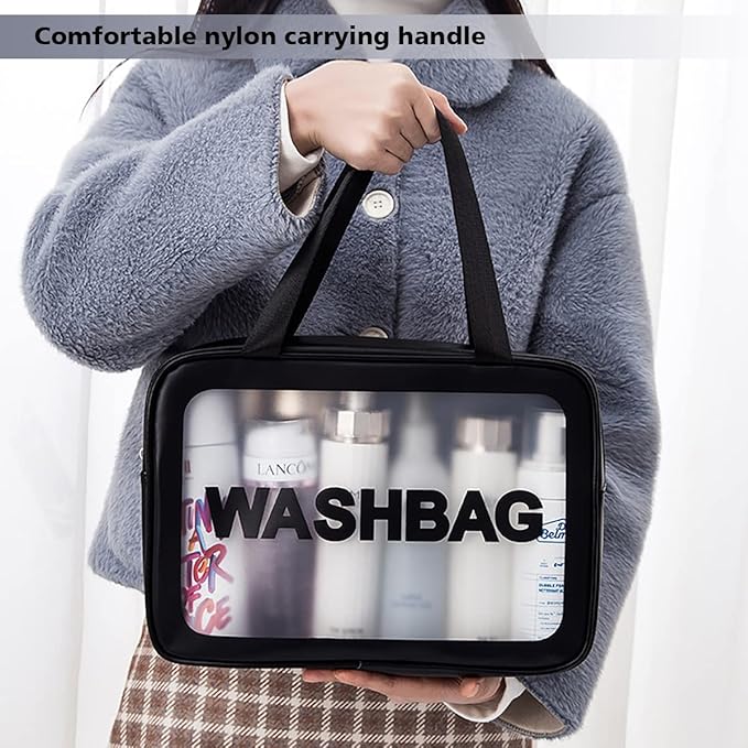 Travel Toiletry Bag for Women and Men, Matte Translucent Shower Bag with Handy Handle, Makeup Cosmetic Organizer Bag for Travel Toiletries Accessories (Black)