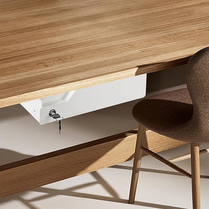 Under Desk Drawer Storage with Lock, Metal Undermount Table Drawer, Ball Bearing Slides Out Tray Organizer for Paper, Pencil, and Laptop 16"x11.8"x3.6", White