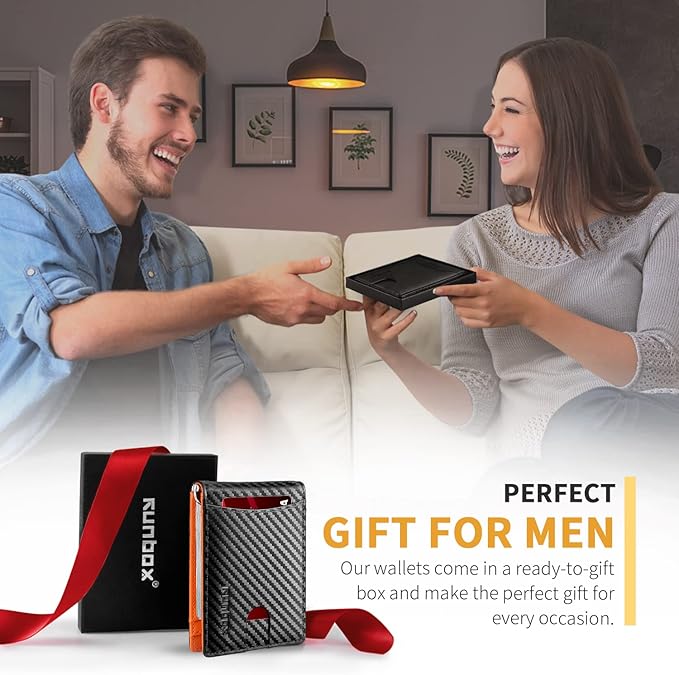 RUNBOX Slim Wallet for Men Genuine Leather RFID Blocking Bifold Minimalist Front Pocket Mens Wallet with Money Clip Thin Gift Box