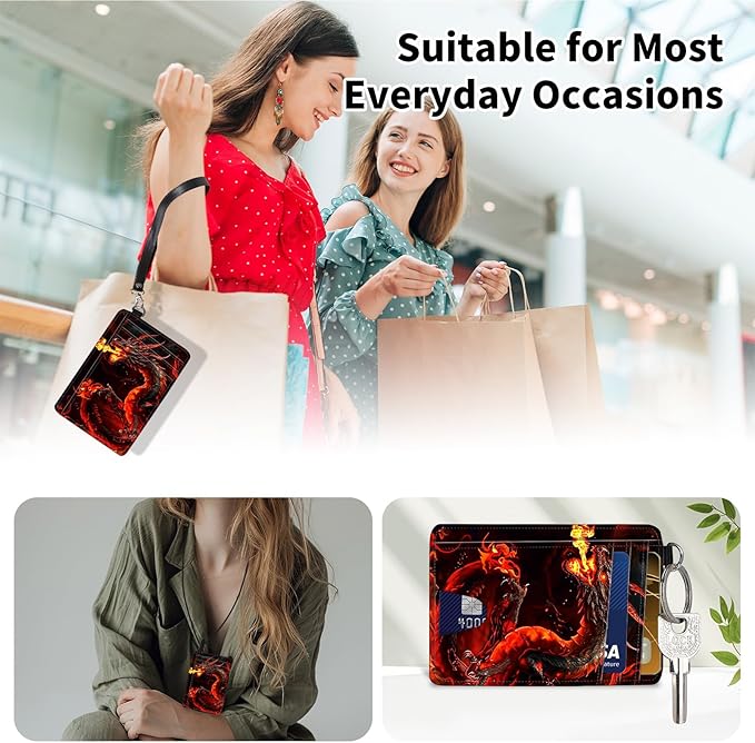 Slim Minimalist Front Pocket Wallet,Credit Card Holder Wallet for Women Men,RFID Blocking Credit Card Holder Case Leather Cute Small Thin Wallet ID Window&Wrist Strap,Fire Red Dragon