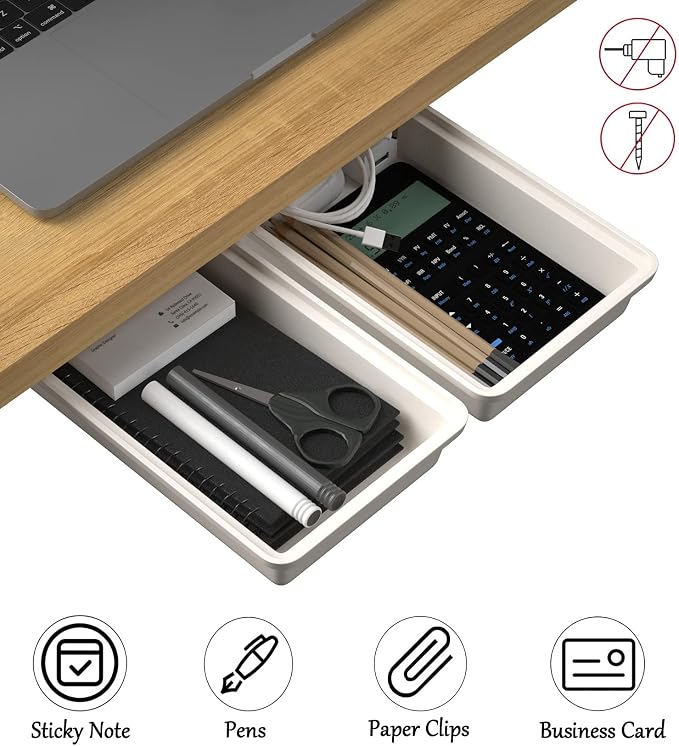 SVNNELP 2Pack Under Table Desk Drawer Storage Organizer Slide Out, Hidden Self-Adhesive Under Desktop Pencil Tray Drawer for Office,Classroom,Kitchen(S/white)