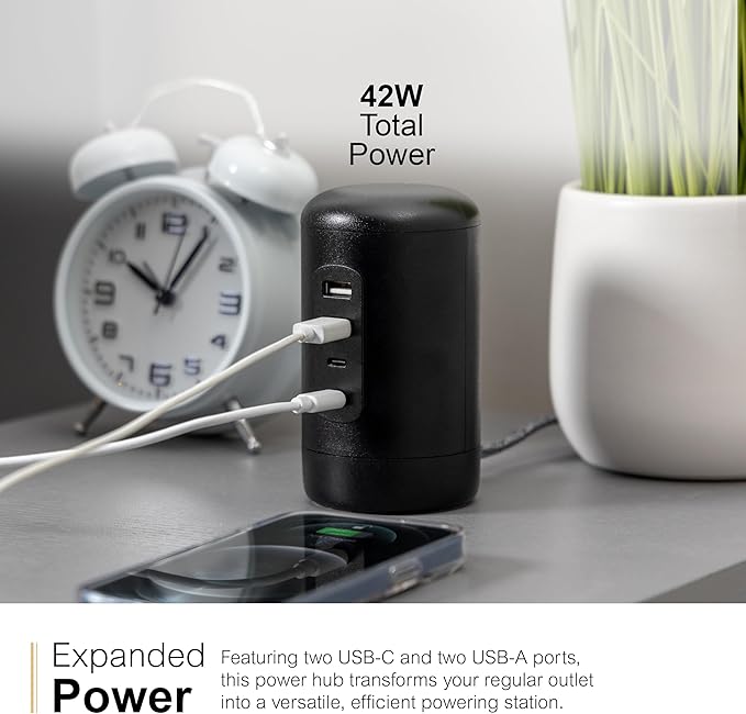 GE USB Desktop Charging Station, 30W 5ft 2 USB C Ports, 2 USB A Ports, Multiport USB Charging Station, USB Desktop Charger Station for iPhone 16 Series, 15 Series, iPad Pro, Smart Watch, Black, 82583