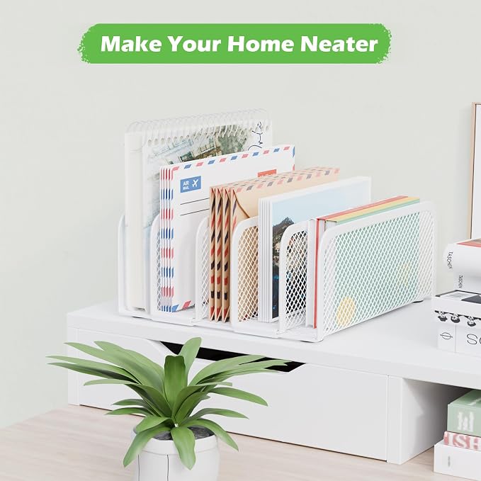 Mail Organizer Countertop, Metal File Holder with 5-Slot, Small Desk File Organizer for Letter, Bill, Mail Sorter, Desktop Letter Folder Holders for Office, Home, School (White)