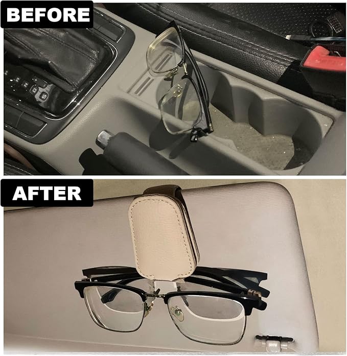 2 Pack Leather Car Visor Sunglass Holder, Magnetic Leather Glasses Eyeglass Hanger Clip for Car, Sunglass Clip Glasses Holder for Car Visor(Beige)