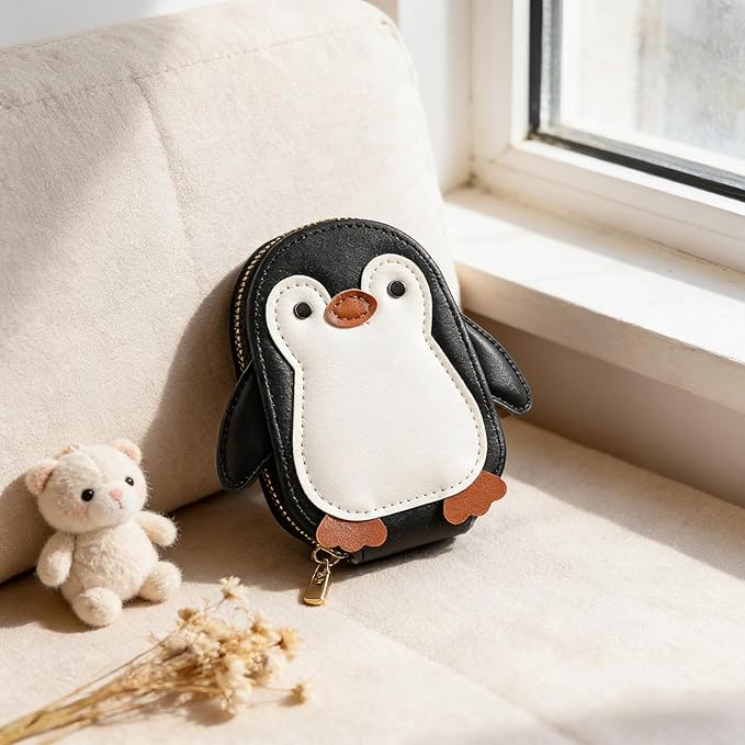Cute Cartoon Penguin-shaped Coin Purse PU Leather Accordion Card Holder Large Capacity Zippered Money and Card Organizer Portable Mini Coin Purse (2-pack black + red)