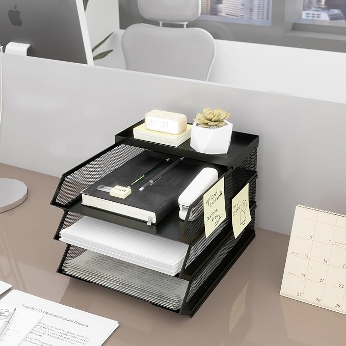 Natwind 3-Tier Stackable Metal Mesh Paper Organizer with Sliding Tray,Black | Desk Organizer for Office Supplies, Letter Tray For Desktop,File Holder For Home School Classroom Organization