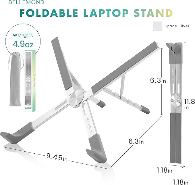 BELLEMOND Adjustable Laptop Stand | Foldable Aluminum Riser | X-Frame Ergonomic Japanese Design | Fits MacBook Pro/Air, Dell, HP, Lenovo & 10–17.3” Laptops | Portable & Lightweight | Space Silver