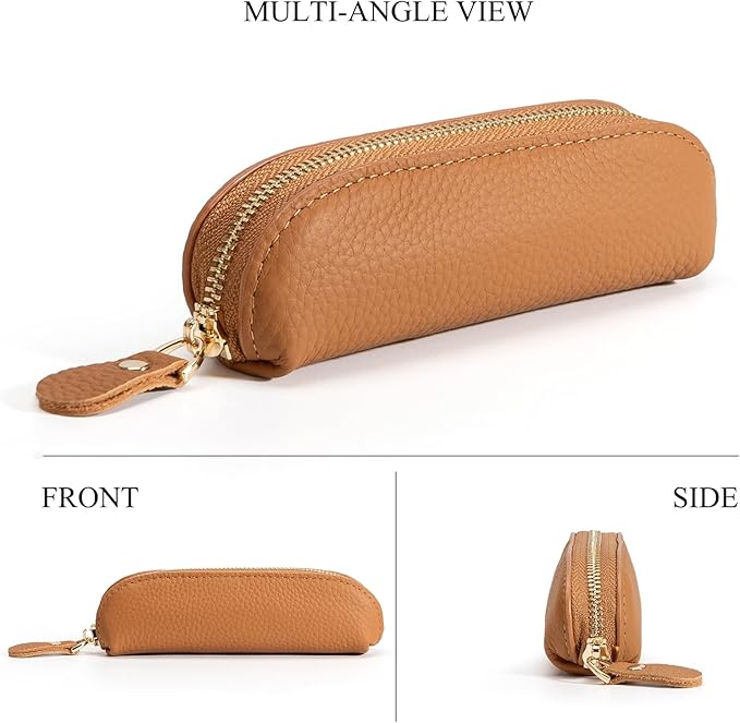 Full Grain Leather Coin Pouch - Travel Small Coin Purse with Zipper - Mini Key Pouch Change Purse for Women and Men (Brown, Large Size)