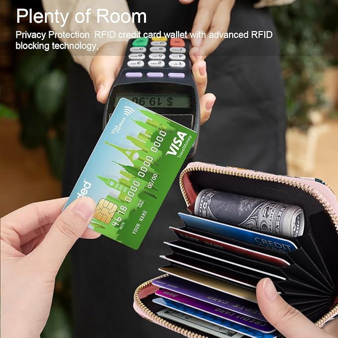 Coco Rossi Leather Credit Card Wallet for Women, RFID Blocking Zipper Cards Holder with Tassel, Pink Flowers