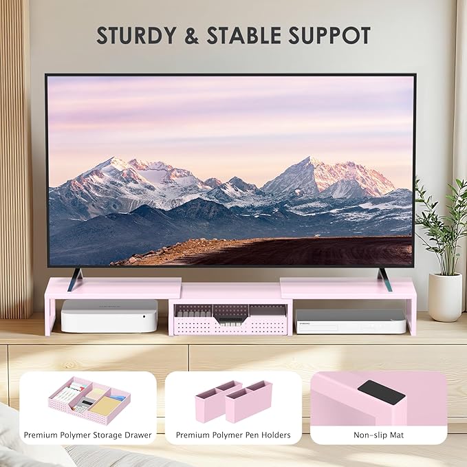 OPNICE Desk Organizers and Accessories, Dual Monitor Stand Riser with Drawer and 2 Pen Holders, Desk Shelf Metal Computer Racks for Office Workspace Organizers, Desktop Organization (Pink Metal)