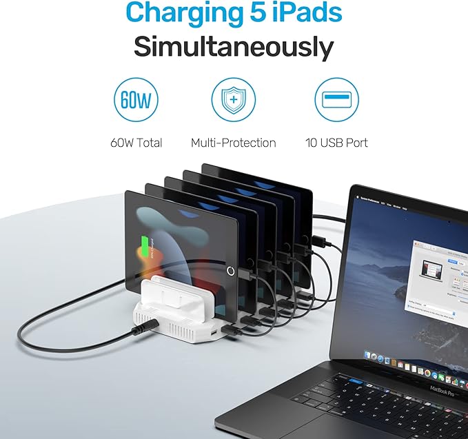 Unitek Multi Charging Station, 10-Port USB Charger for Multiple Device with SmartIC Tech and Adjustable Dividers, Organizer Stand Compatible with iPad, Tablet, Kindle, iPhone
