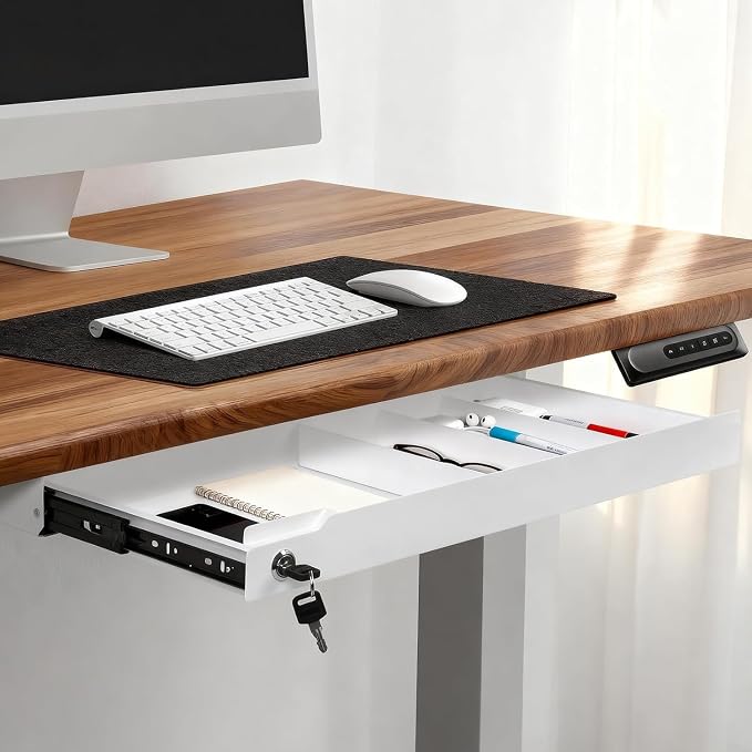 Under Desk Drawer Storage with Lock, Metal Undermount Table Drawer, Ball Bearing Slides Out Tray Organizer for Paper, Pencil, and Laptop 24"x10.3"x2.1", White with Divider