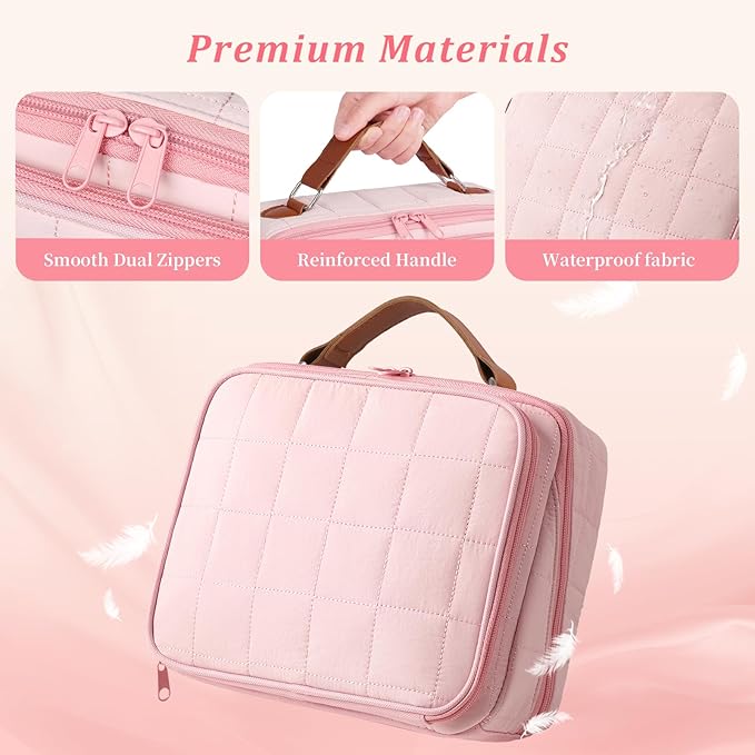 MOKURA Travel Makeup Bag for Women, Large Capacity Standing Make up Pouch, Quilted Waterproof Cosmetic Organizer with Jewelry Compartments, Portable Toiletry Case, Gifts for Women, Pink