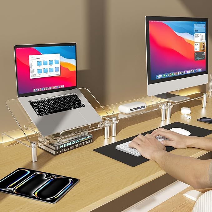 RQUOIRE Ergonomic Acrylic Dual Monitor Stand with Adjustable Laptop Riser, Compatible with Desktop, Printer, TV and More Devices,Monitor Riser Holder Suitable for 2 Monitors (Clear)