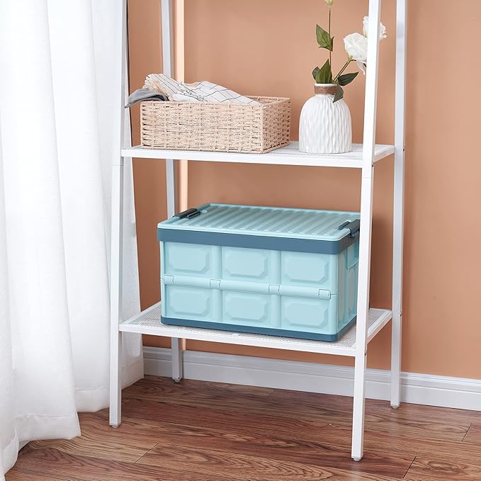 Blue Folding Plastic Stackable Utility Crates 2-Pack, Collapsible Storage Bins with Lids 30L, Durable Containers for Home & Garage Organization