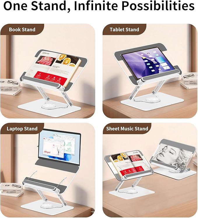 Adjustable Acrylic Book Stand for Reading in Bed, Book Holder Stand for Reading Hands Free, Cookbook Stand for Kitchen Counter, Reading Stand Book Holder for Couch, 360° Rotating & Page Clips