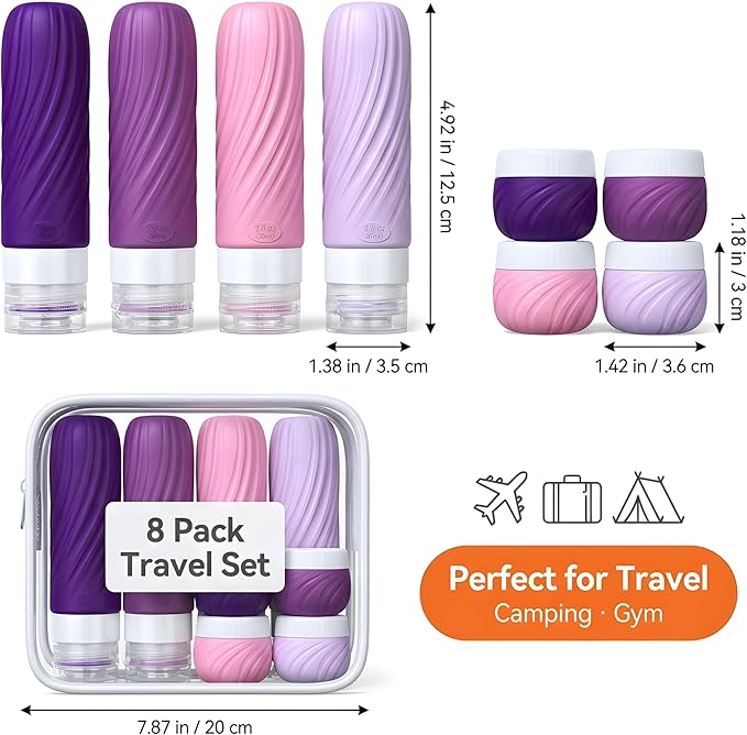 8 Pack Travel Bottles for Toiletries, TSA Approved Silicone Travel Size Containers, Refillable Liquid Leak Proof Shampoo and Conditioner Bottles & Cream Jars, Airplane Carry On Essentials
