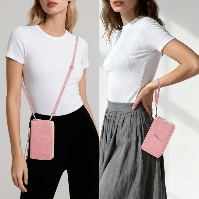 GOIACII Passport Wallet Travel Crossbody Bags for Women Wristlet Phone Purse Double Zip Vegan Leather Pink