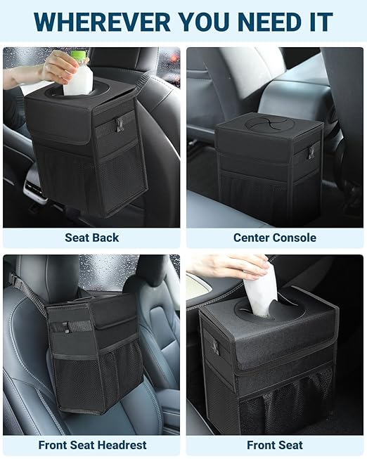 Capolo Car Trash Can with Lid, Leakproof Car Trash Bag Hanging Waterproof Automotive Garbage Can with Storage Pockets Mini Vehicle Trash Bin for Back/Front Seat(Black,2.5 Gallon)