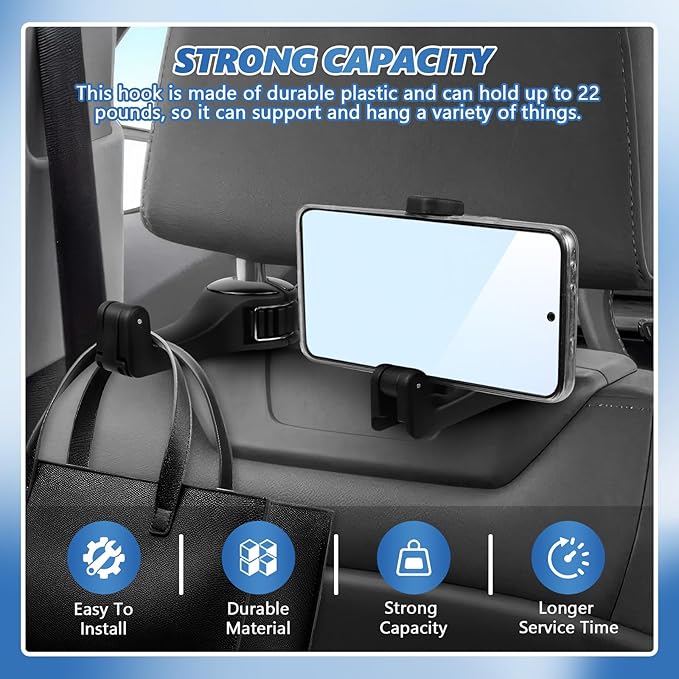 2PCS Car Headrest Hidden Hook, 2 in 1 Car Seat Hook with Phone Holder, Auto Back Seat Hanging Hook for Handbag Clothes Grocery, Universal Vehicle Purse Hooks Holder Organizer (Black)